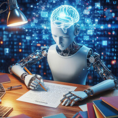 An AI robot writing an essay. AI writing with his knowledge and tools.