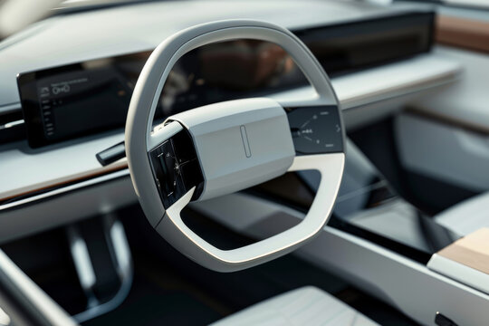 Modern car interior with a futuristic steering wheel design, showcasing a minimalist and sleek cabin. Contemporary vehicle dashboard and ergonomic steering for stylish transport.