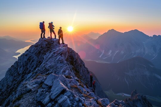The first light of dawn greets a group of hikers at the summit, with sweeping views of the alpine landscape stretching beneath them.