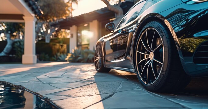 Luxury sports car in residential setting at sunset. Sleek performance vehicle parked at home driveway. Exclusive automobile elegance on a private property.
