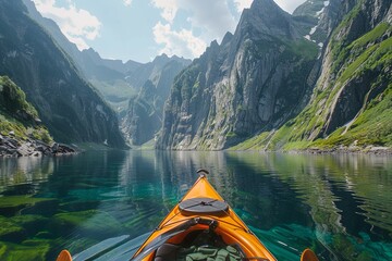 A solo adventurer kayaks in the crystal-clear waters of a majestic fjord, embraced by towering cliffs and lush greenery. - obrazy, fototapety, plakaty