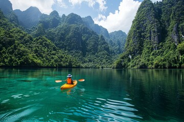 A kayaker in an orange vessel enjoys the tranquility of a lush green landscape reflected in the emerald waters of a calm lake.