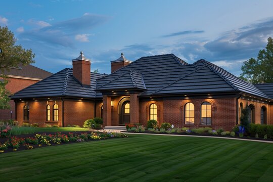 Picture a colonial-style brick family house exterior with sleek black roof tiles, exuding timeless elegance and charm.