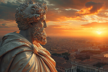 Majestic Quirinus, the deified Romulus, watches over the city of Rome from his celestial throne, guiding its destiny with divine providence.  Generative Ai. - obrazy, fototapety, plakaty