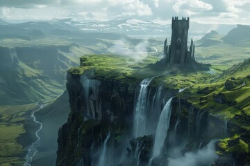 Mysterious elven tower rising amidst cascading waterfalls on vast fantasy plain, aerial view - obrazy, fototapety, plakaty