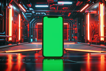 A bold, green-screen smartphone stands out in a sci-fi corridor with vibrant neon lighting, emphasizing themes of connectivity and future tech innovation. - obrazy, fototapety, plakaty