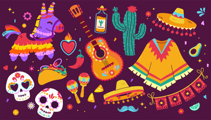 Cinco de Mayo sticker set, May 5, federal holiday in Mexico. Fiesta banner and poster design. Bright festival party decoration, Cinco de Mayo. 