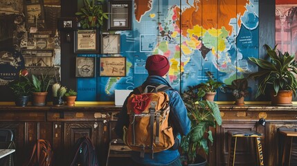 A traveler gazes at a world map in a hostel's welcoming common room, surrounded by eclectic décor and the spirit of adventure. - obrazy, fototapety, plakaty