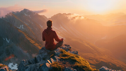 Obraz premium In the soft glow of dawn, an individual finds tranquility in meditation high above the clouds on an alpine mountain peak.