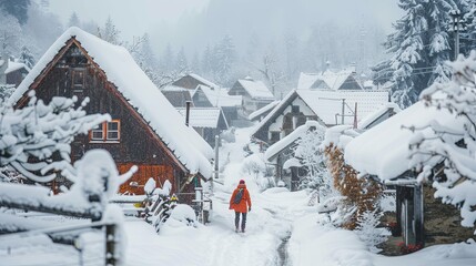 Amid a gentle snowfall, an individual in a bright orange jacket walks down a village lane, flanked...