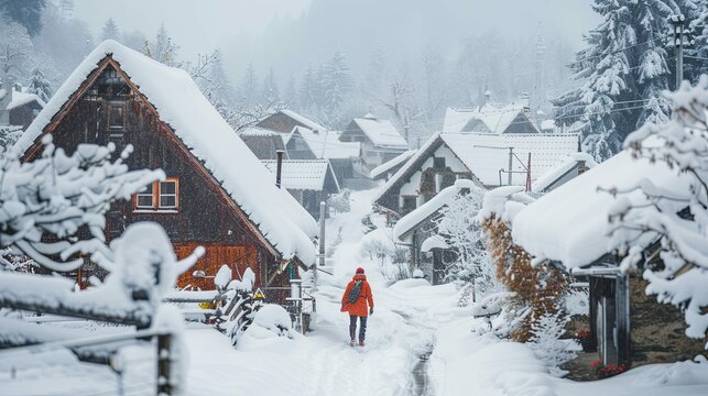 Amid a gentle snowfall, an individual in a bright orange jacket walks down a village lane, flanked by traditional snow-laden homes and the silent watch of wintry trees.