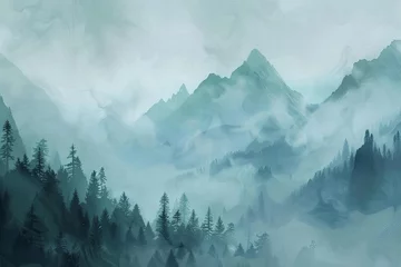 Gordijnen Misty mountain landscape with ethereal atmosphere, nature wallpaper illustration, digital painting © Lucija