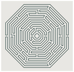 Octagon shaped labyrinth (maze) design. Vector graphic illustration of maze (labyrinth) game with complex exit.