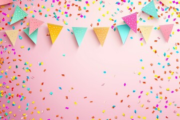 Illustration of decoration for birthday party with colorful paper flags and confetti