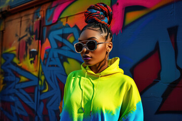 fashionable black woman on an alley with graffiti background.