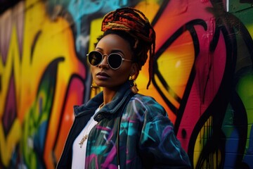 fashionable black woman on an alley with graffiti background.