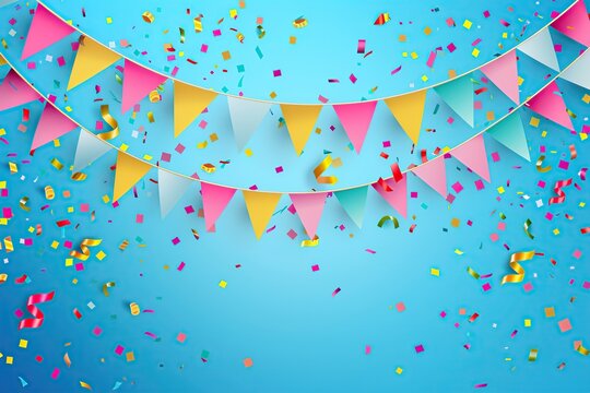 Illustration of decoration for birthday party with colorful paper flags and confetti