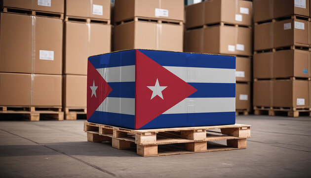 Box with Cuba flag. Cuba logistics port. Logistics industry in Cuba. Export and import of goods.