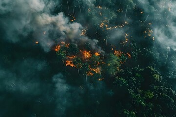 Illegal Fires Causing Environmental Damage: Aerial View of Deforestation in a Tropical Rainforest. Concept Illegal fires, environmental damage, deforestation, aerial view, tropical rainforest