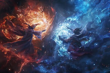 Magical battle between wizards, dynamic fantasy action scene, AI generated art
