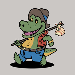 Traveling Redneck Alligator Vector Cartoon Illustration
