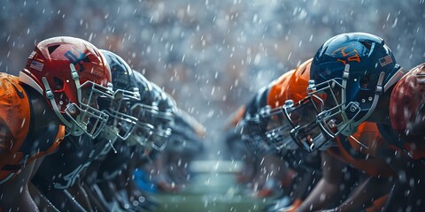 Intense faceoff between American football championship teams in a dramatic stadium setting with aggressive players ready for action. Concept Sports Photography, American Football, Championship Teams - obrazy, fototapety, plakaty