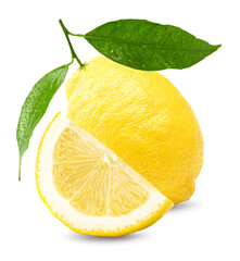 lemon with slice and green leaves isolated on white background. clipping path