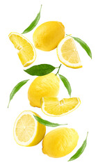 flying lemons with slices and green leaves isolated on white background. clipping path