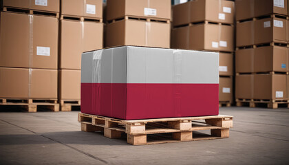 Box with Poland flag. Poland logistics port. Logistics industry in Poland. Export and import of goods.