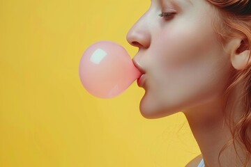 Young woman blowing up pink bubble with chewing gum on yellow background - obrazy, fototapety, plakaty