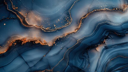Swirling blue and gold patterns in an abstract marble surface - obrazy, fototapety, plakaty