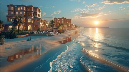 Luxurious beachfront resort development on a sea coast. Generative AI. - obrazy, fototapety, plakaty