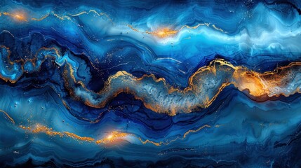 Artwork featuring abstract patterns in shades of blue and gold