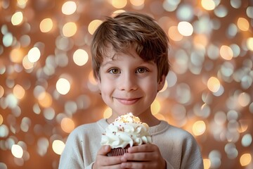 Naklejka premium Child boy holding sweet cupcake with whipped cream on blurred lights background