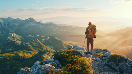 A lone hiker positioned at the brink of a stunning mountain view, with the expansive scenery unfolding ahead.