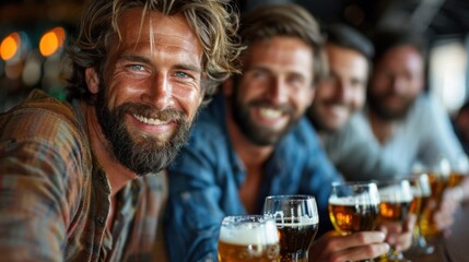 Men sitting together, holding glasses of beer - obrazy, fototapety, plakaty