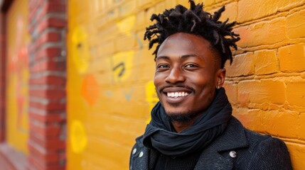 Man with dreadlocks standing in front of vibrant yellow brick wall