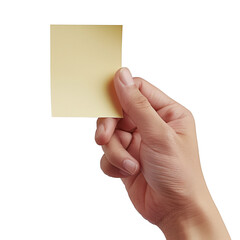 A realistic photograph of a hand holding a post-it note, isolated.