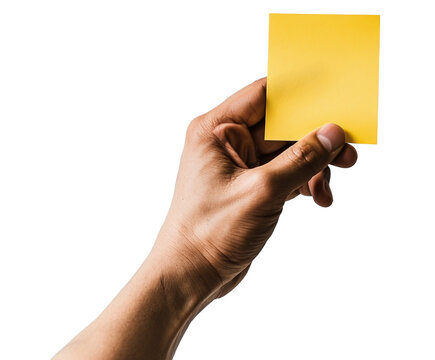 A realistic photograph of a hand holding a post-it note, isolated.