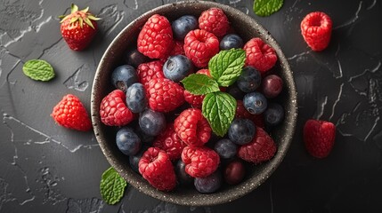 A bowl filled with raspberries and blueberries, topped with fresh mint leaves