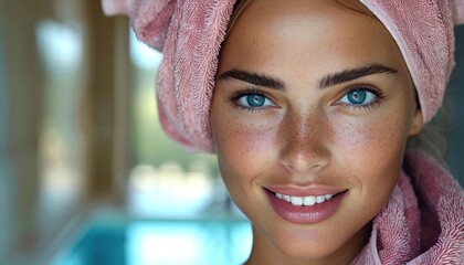 A woman with pink towel wrapped around her head