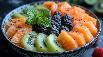 A bowl filled with kiwis, oranges, and raspberries