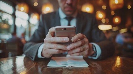 A man sitting at a table, using a cell phone