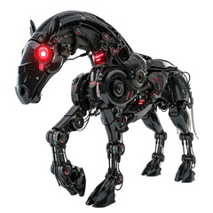 Black robotic horse with glowing red eyes in steam isolated on white or transparent background