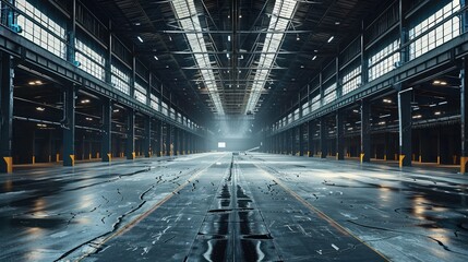 A large dark warehouse with high ceilings and black and broken floors. Generative AI.