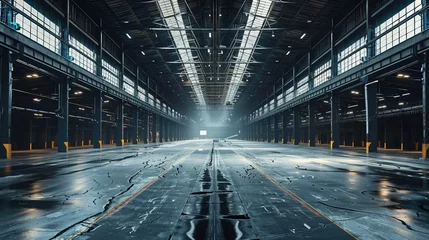 Photo sur Plexiglas Vieux bâtiments abandonnés A large dark warehouse with high ceilings and black and broken floors. Generative AI.
