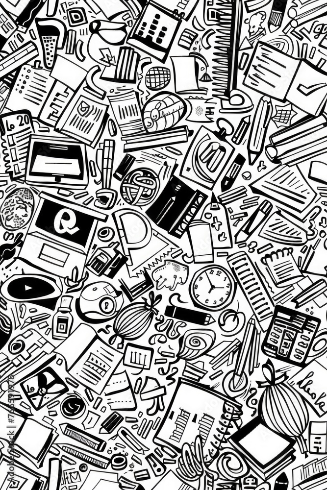 Poster A black and white drawing of different objects. Can be used for design projects