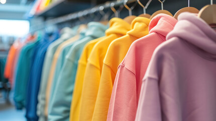 Several of colorful pastel colors casual attire hoodies on hangers in clothing shop close up, row modern clothes in boutique