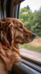 A dog enjoying a family camping trip inside a vehicle. Curious dog eager to explore new destinations while traveling on the road.