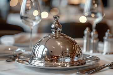 Close up silver metallic cloche in the middle of table with glasses, cutlery and white napkins served for dinner in restaurant